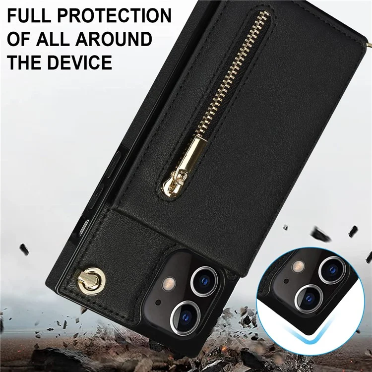 Detachable Lanyard PU Leather Coated TPU Hybrid Case Vertical Flip Kickstand Phone Shell for iPhone 12 mini - Black