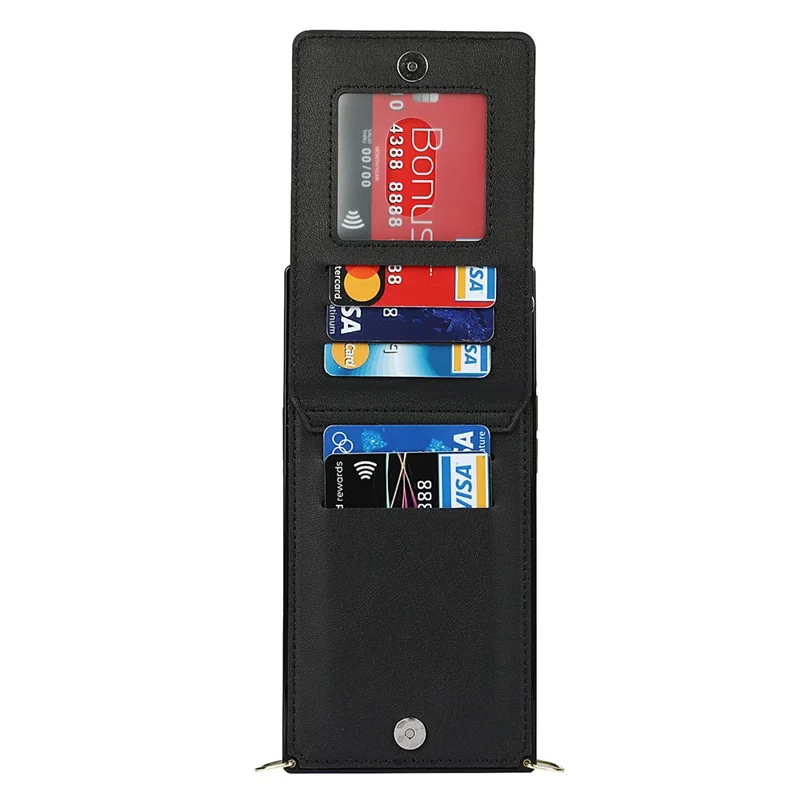 Shockproof Kickstand Design PU Leather Coated TPU Hybrid Case Phone Shell with Lanyard for iPhone 12 / 12 Pro - Black