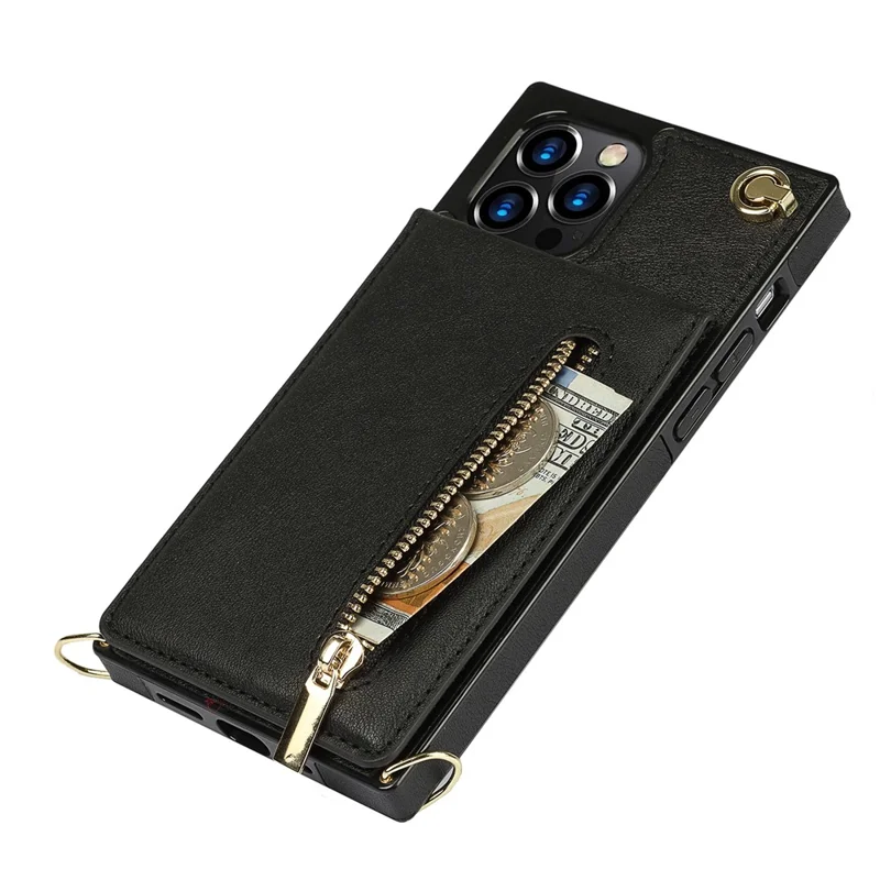 Shockproof Kickstand Design PU Leather Coated TPU Hybrid Case Phone Shell with Lanyard for iPhone 12 / 12 Pro - Black