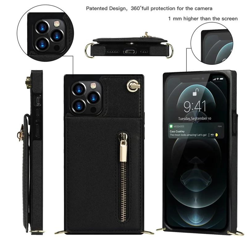 Shockproof Kickstand Design PU Leather Coated TPU Hybrid Case Phone Shell with Lanyard for iPhone 12 / 12 Pro - Black