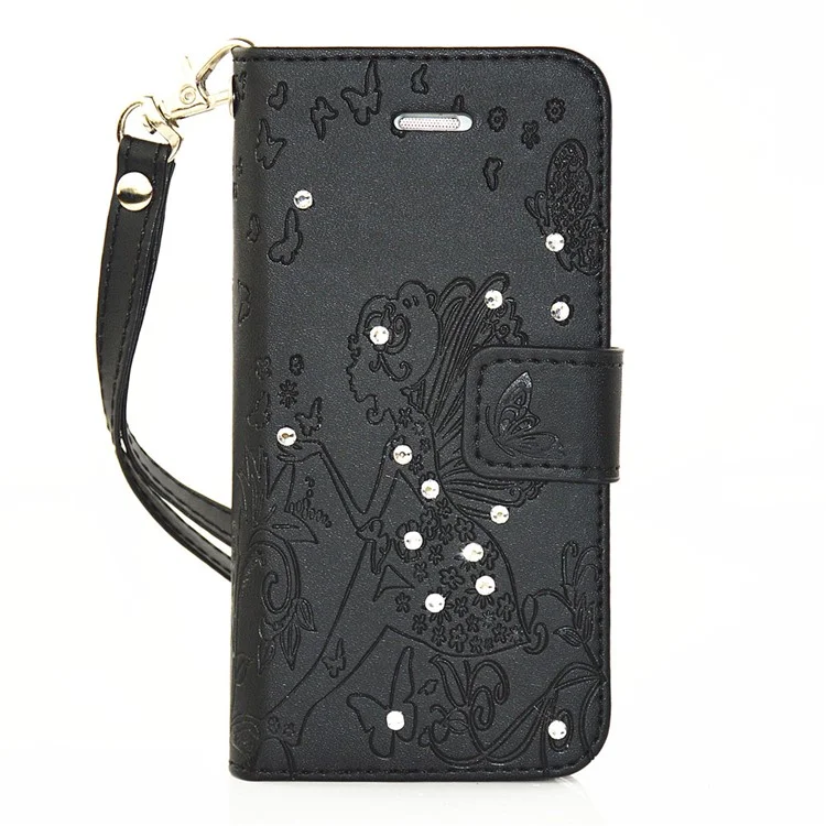 Diamond Imprint Butterfly Fairy for iPhone SE 5s 5 Leather Wallet Cover - Black