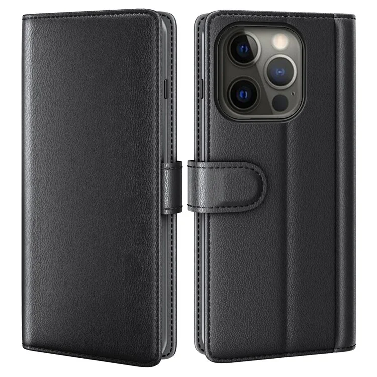 Genuine Leather Magnetic Clasp Stand Wallet Phone Case Shell for iPhone 13 Pro 6.1 inch - Black