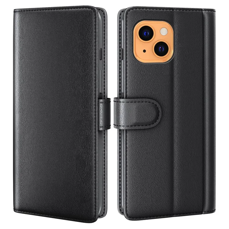 Genuine Leather Full Protection Phone Shell Case with Waller Stand for iPhone 13 6.1 inch - Black