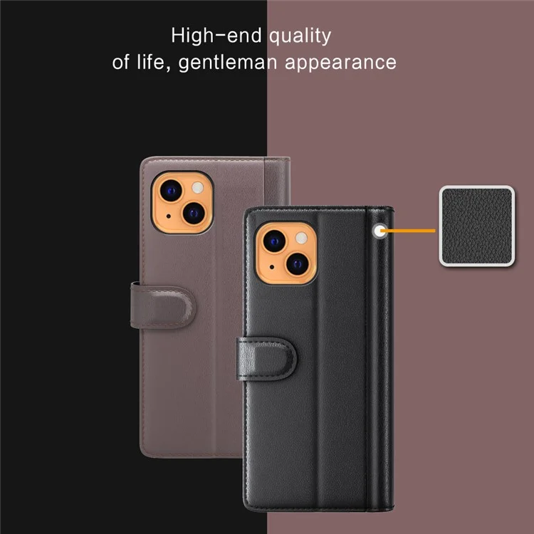 Capa Telefônica de Proteção Completa em Couro Genuíno Com Suporte de Waller Para Iphone 13 6,1 Polegadas - Preto