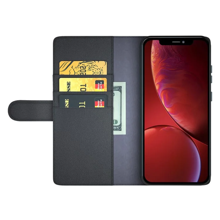 Capa Telefônica de Proteção Completa em Couro Genuíno Com Suporte de Waller Para Iphone 13 6,1 Polegadas - Preto