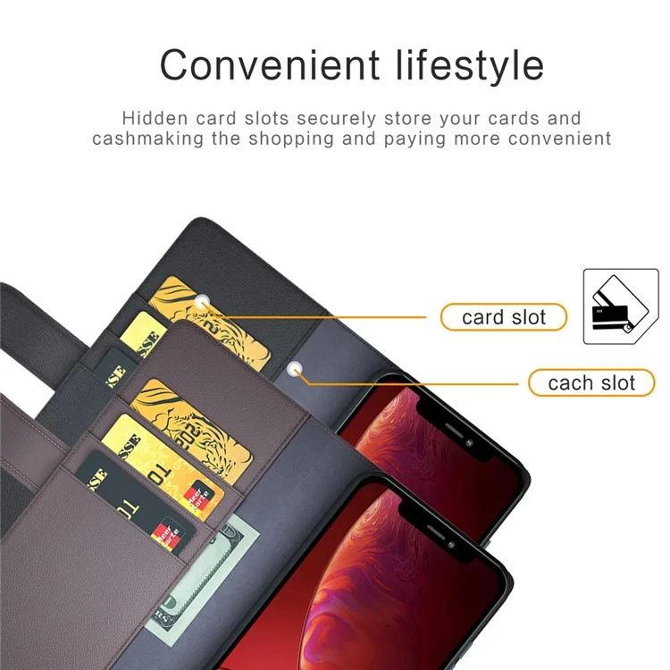 Coque de protection en cuir fendu pour iPhone 13 avec support portefeuille - Noir