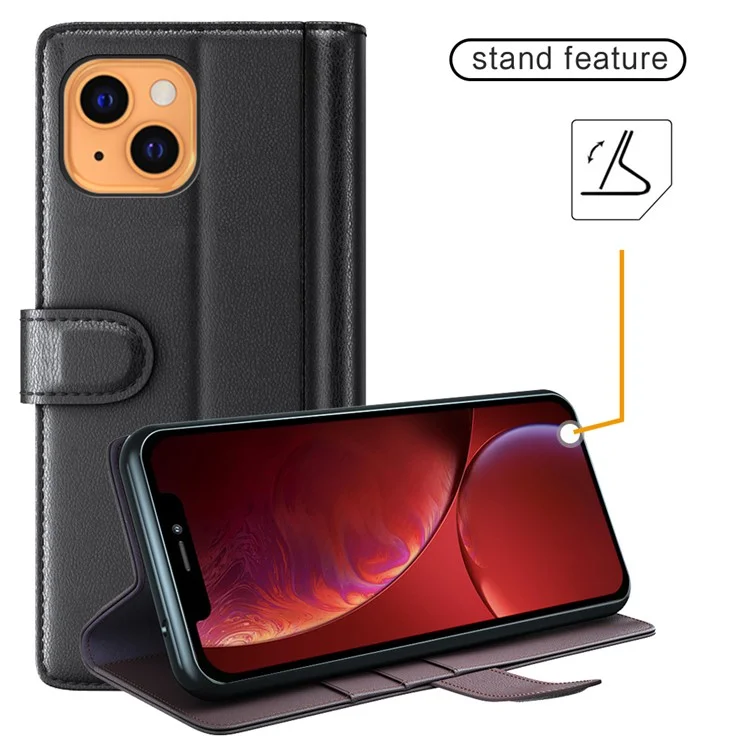 Coque de protection en cuir fendu pour iPhone 13 avec support portefeuille - Noir