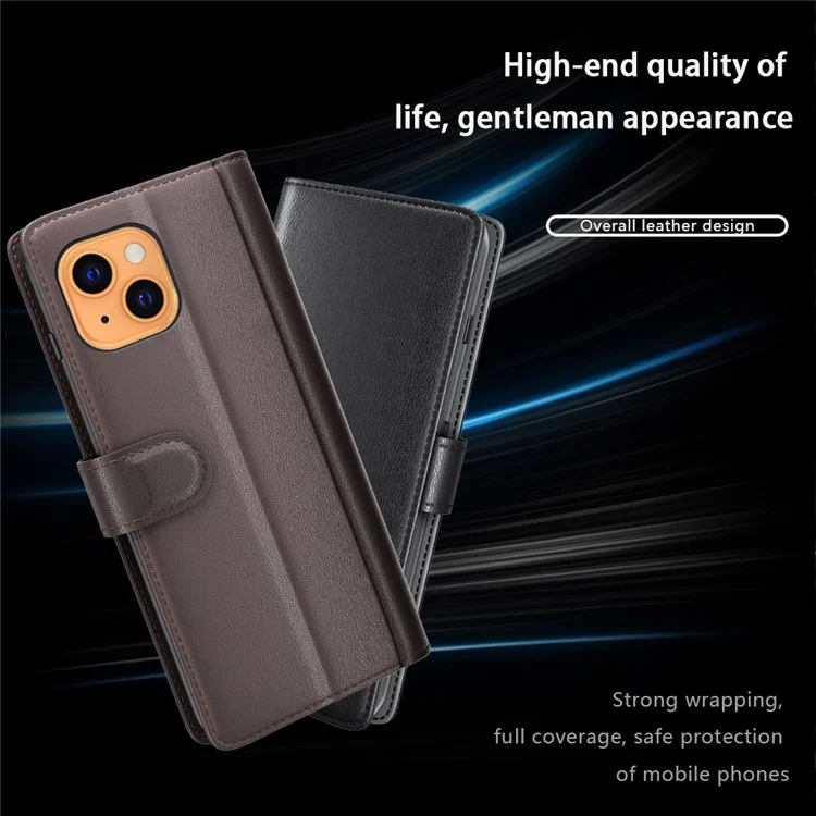 Genuine Leather Full Protection Phone Shell Case with Waller Stand for iPhone 13 6.1 inch - Black