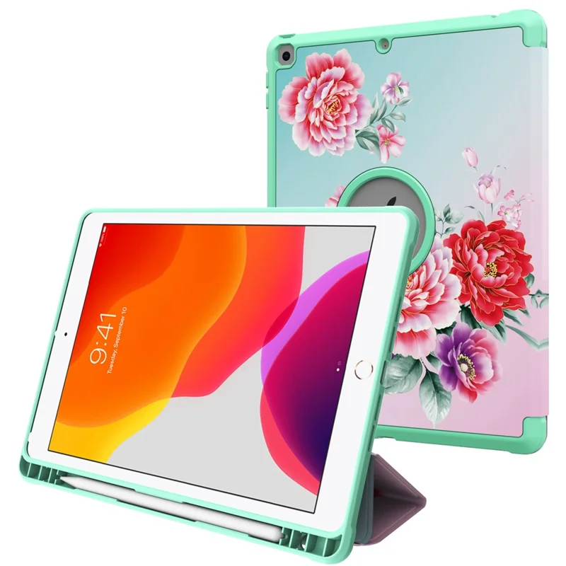 Pattern Printing Tri-fold Stand PU Leather Tablet Case Cover for iPad 10.2 (2021)/(2020)/(2019) - Flower/Red