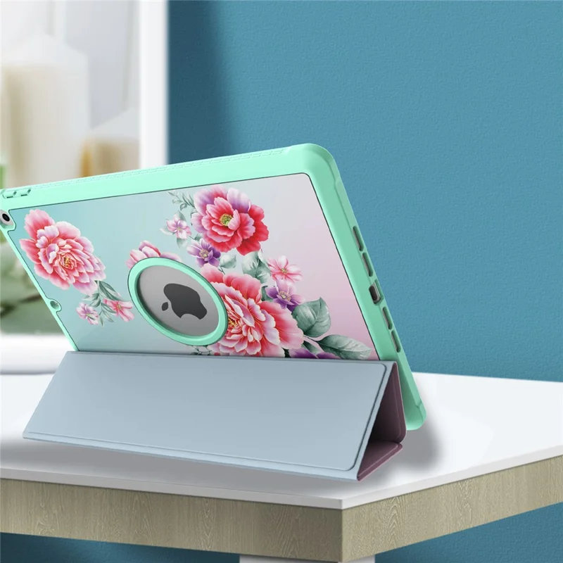 Pattern Printing Tri-fold Stand PU Leather Tablet Case Cover for iPad 10.2 (2021)/(2020)/(2019) - Flower/Red