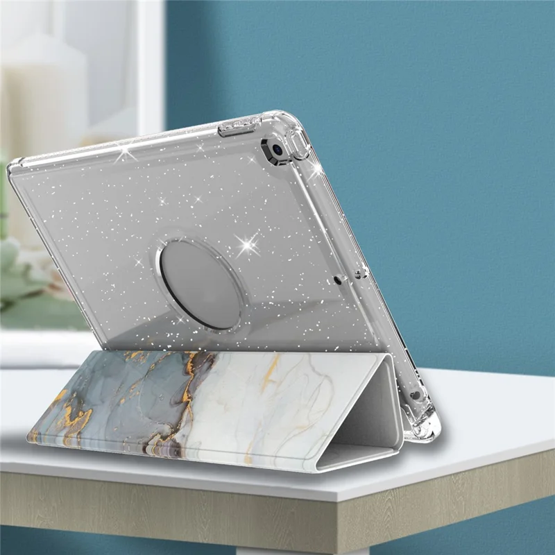 Pattern Printing Tri-fold Stand PU Leather Cover + Clear TPU Back Panel Tablet Shell Cover for iPad 10.2 (2021)/(2020)/(2019) - Marble Pattern/Grey