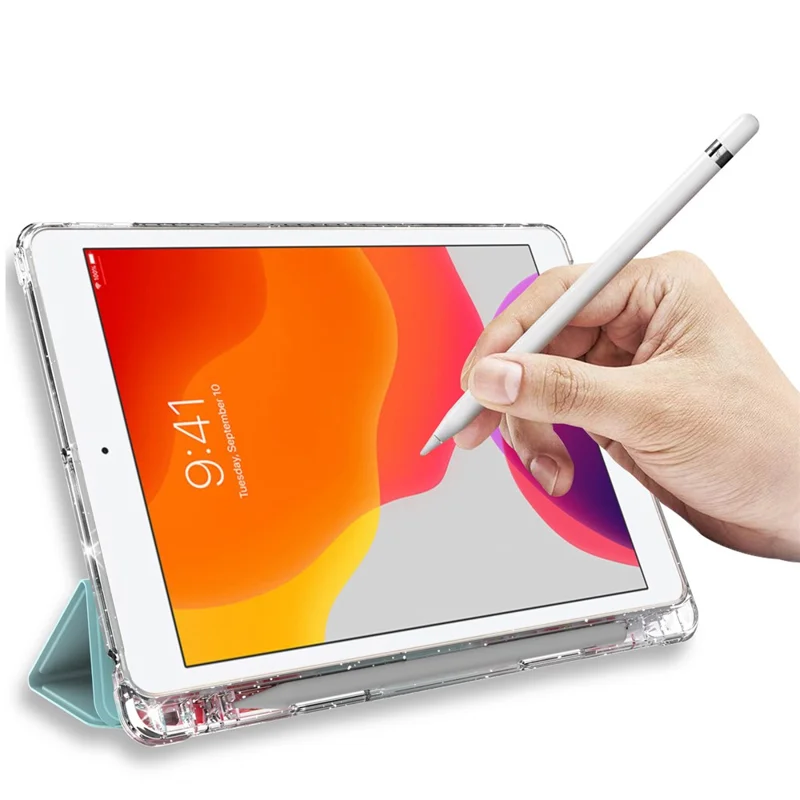 غطاء جلد PU ثلاثي الطي مع طباعة زخرفية وغطاء خلفي شفاف لامع من مادة TPU لهاتف iPad 10.2 (2021)/(2020)/(2019) - نمط رخامي/أخضر فاتح