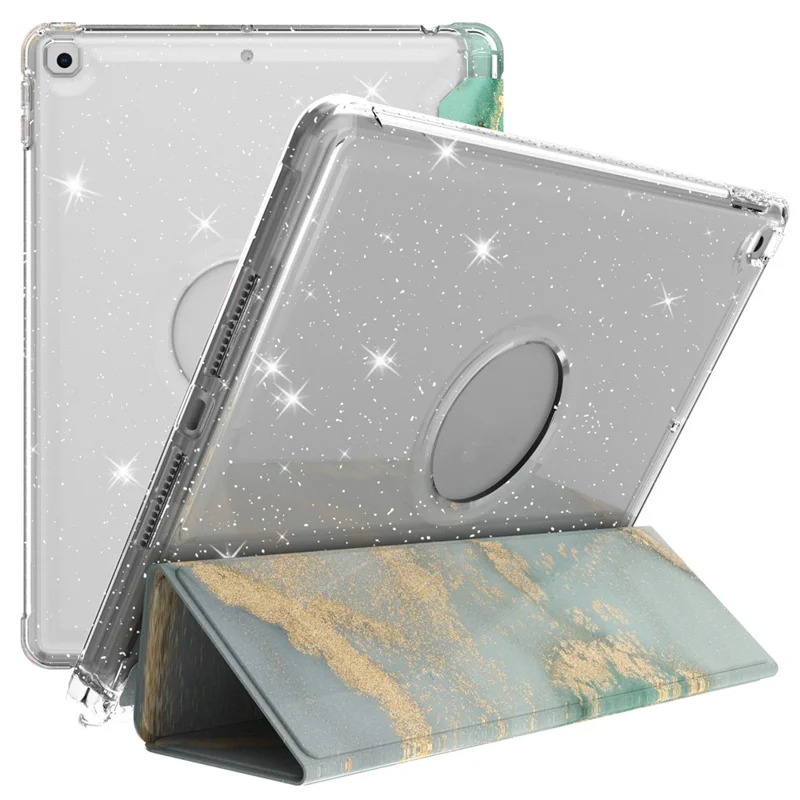 غطاء جلد PU ثلاثي الطي مع طباعة زخرفية وغطاء خلفي شفاف لامع من مادة TPU لهاتف iPad 10.2 (2021)/(2020)/(2019) - نمط رخامي/أخضر فاتح