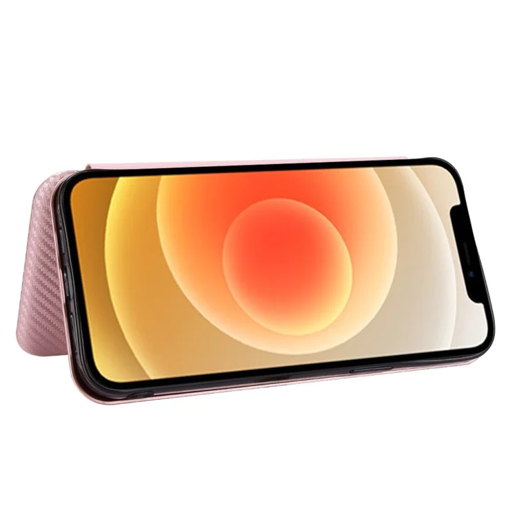 Caso Premium Fiber High-Grade Carbon Style Magnetic Adsorption Leather com alça de anel para iPhone 13 mini 5.4 polegadas - Rose Gold
