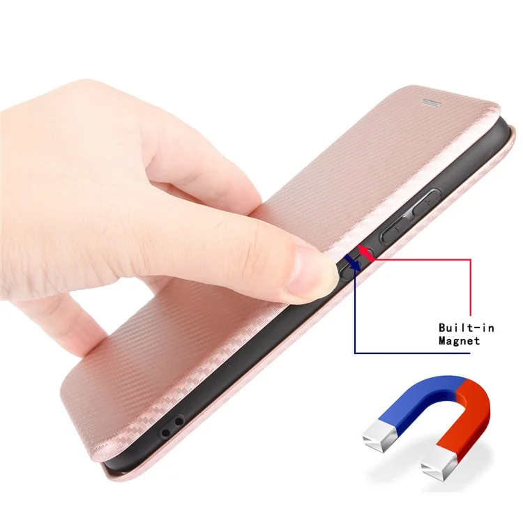 Caso Premium Fiber High-Grade Carbon Style Magnetic Adsorption Leather com alça de anel para iPhone 13 mini 5.4 polegadas - Rose Gold