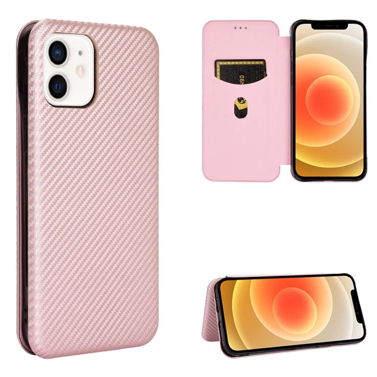 Soft Touch Sturdy Durable Carbon Fiber Fingerprint Resistant Magnetic Leather Case with Ring Strap for iPhone 13 6.1 inch  - Rose Gold