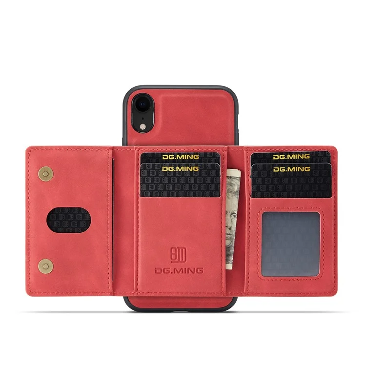 DG.MING M2 Series Détachable 2 en 1 Conception de portefeuille magnétique Étui de protection hybride pour téléphone avec support pour iPhone XR 6.1 pouces - Rouge