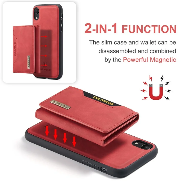 DG.MING M2 Series Détachable 2 en 1 Conception de portefeuille magnétique Étui de protection hybride pour téléphone avec support pour iPhone XR 6.1 pouces - Rouge