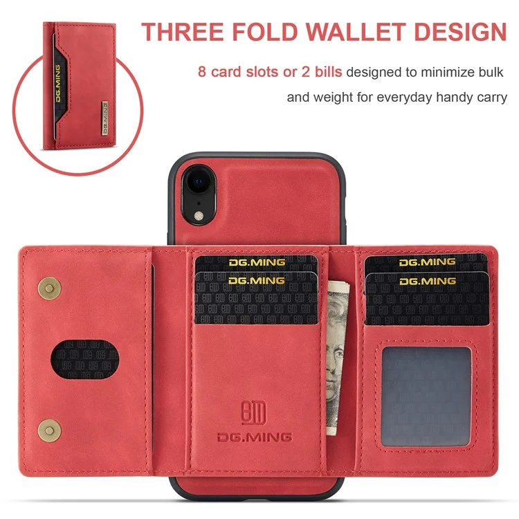 DG.MING M2 Series Détachable 2 en 1 Conception de portefeuille magnétique Étui de protection hybride pour téléphone avec support pour iPhone XR 6.1 pouces - Rouge
