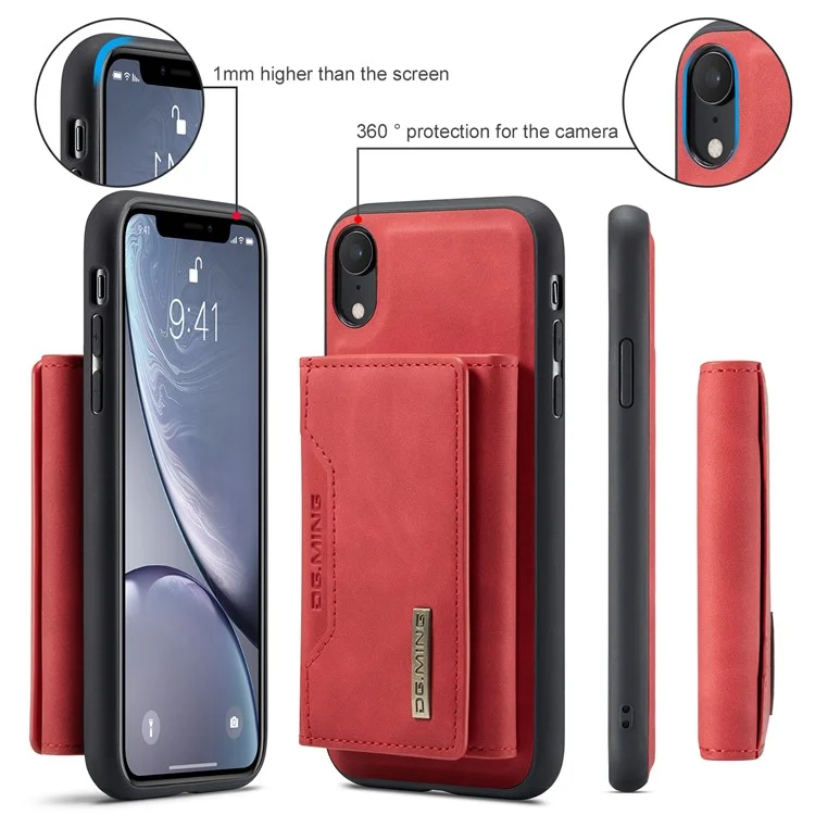 DG.MING M2 Series Détachable 2 en 1 Conception de portefeuille magnétique Étui de protection hybride pour téléphone avec support pour iPhone XR 6.1 pouces - Rouge