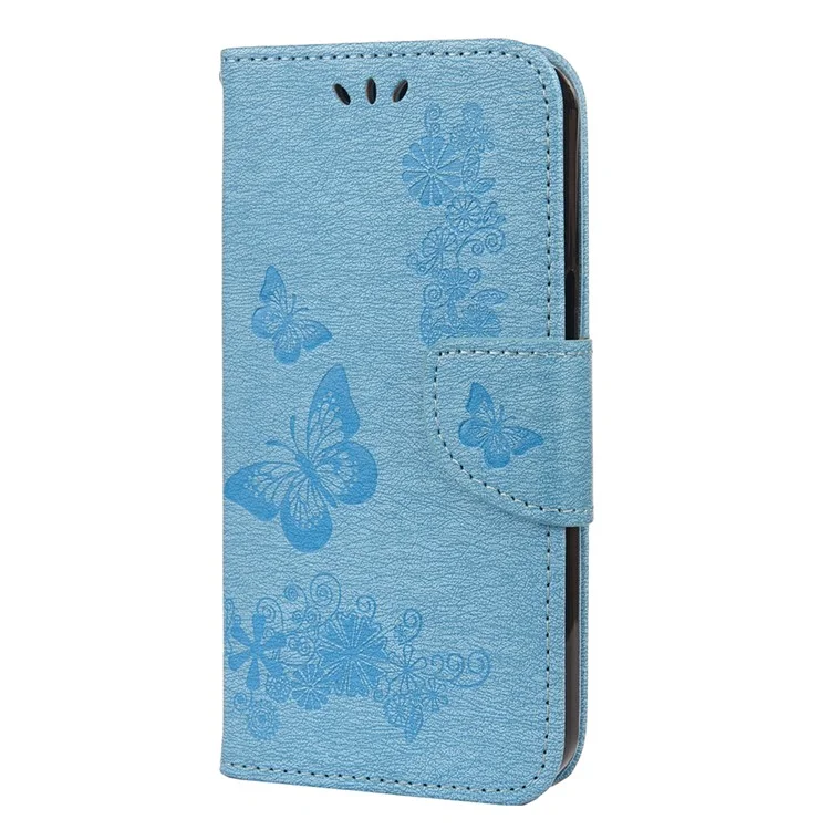 Leather Wallet Case Imprint Butterfly Flower Phone Case with Stand for iPhone 13 6.1 inch - Blue
