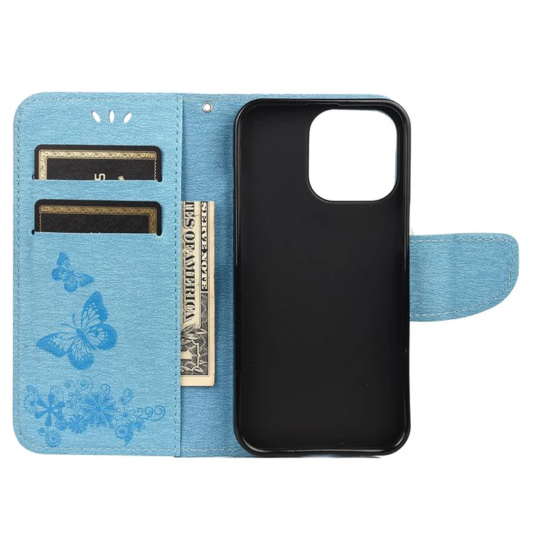 Leather Wallet Case Imprint Butterfly Flower Phone Case with Stand for iPhone 13 6.1 inch - Blue