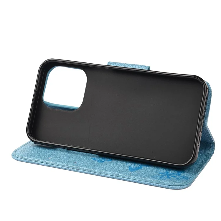 Leather Wallet Case Imprint Butterfly Flower Phone Case with Stand for iPhone 13 6.1 inch - Blue