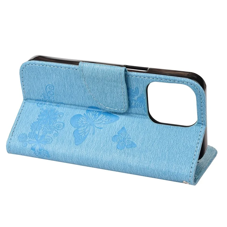 Leather Wallet Case Imprint Butterfly Flower Phone Case with Stand for iPhone 13 6.1 inch - Blue