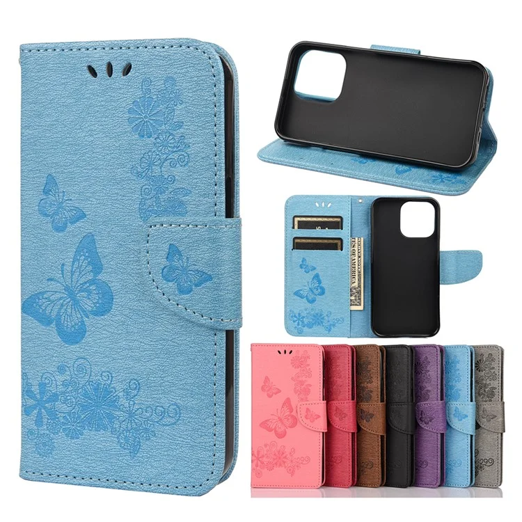 Leather Wallet Case Imprint Butterfly Flower Phone Case with Stand for iPhone 13 6.1 inch - Blue