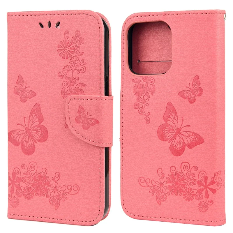 Leather Wallet Case Imprint Butterfly Flower Phone Case with Stand for iPhone 13 6.1 inch - Pink