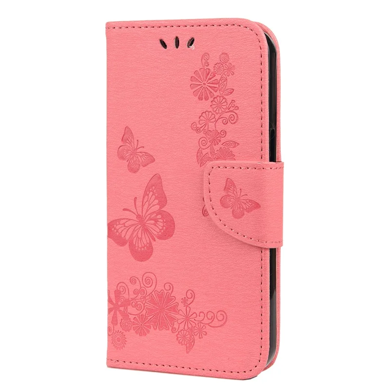 Wallet Leather Case Imprint Butterfly Flower Phone Case with Stand for iPhone 13 Pro 6.1 inch - Pink