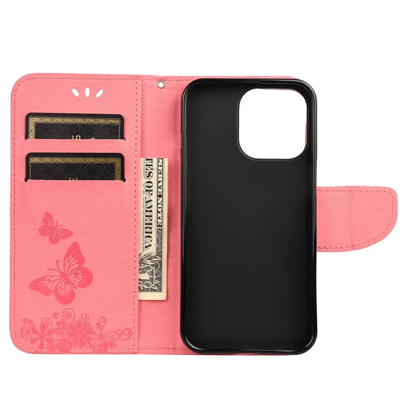 Wallet Leather Case Imprint Butterfly Flower Phone Case with Stand for iPhone 13 Pro 6.1 inch - Pink