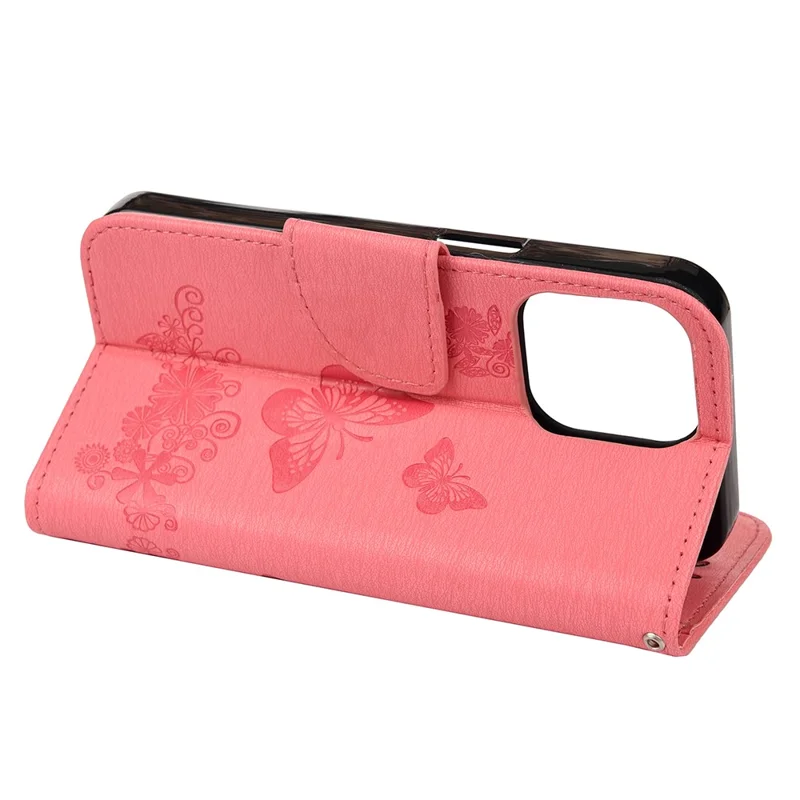 Wallet Leather Case Imprint Butterfly Flower Phone Case with Stand for iPhone 13 Pro 6.1 inch - Pink