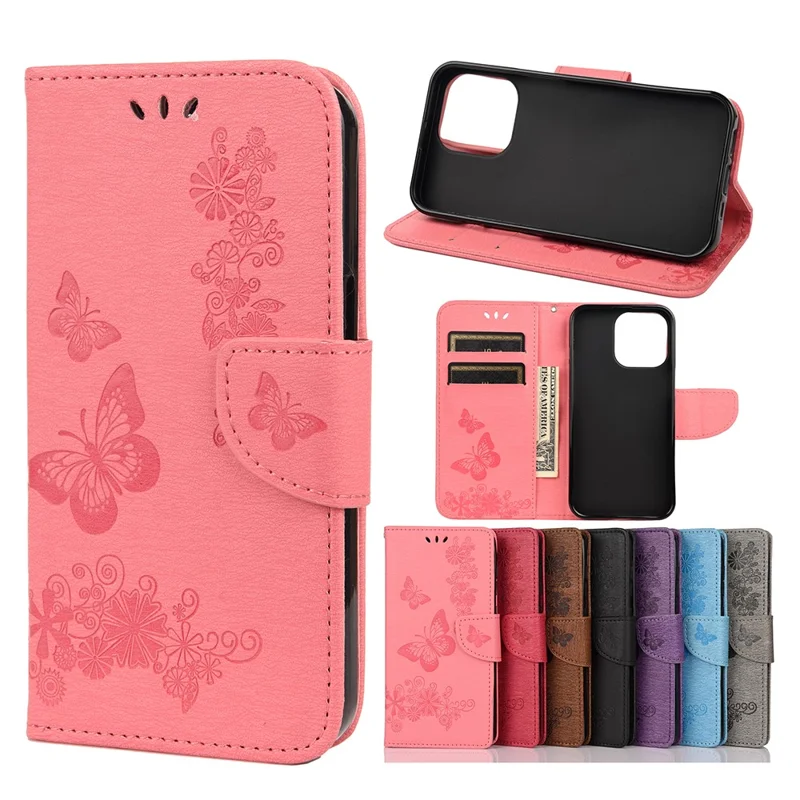 Leather Wallet Case Imprint Butterfly Flower Phone Case with Stand for iPhone 13 mini 5.4 inch - Pink