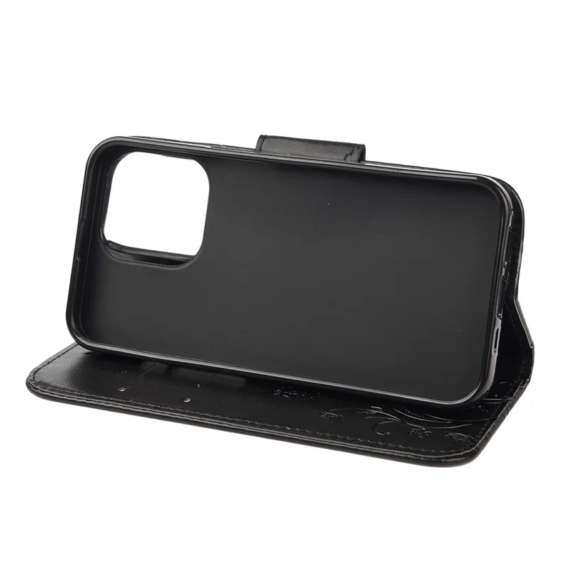 Well-protected Butterfly Flower Imprint Leather Wallet Phone Stand Case for iPhone 13 6.1 inch - Black
