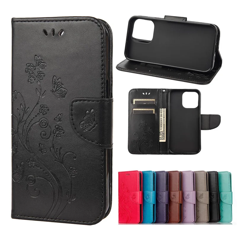 Well-protected Butterfly Flower Imprint Leather Wallet Phone Stand Case for iPhone 13 6.1 inch - Black