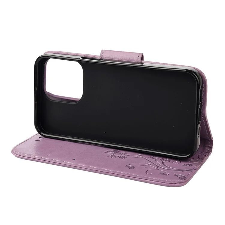 All-round protective Butterfly Flower Imprint Leather Wallet Phone Stand Case for iPhone 13 Pro 6.1 inch - Purple