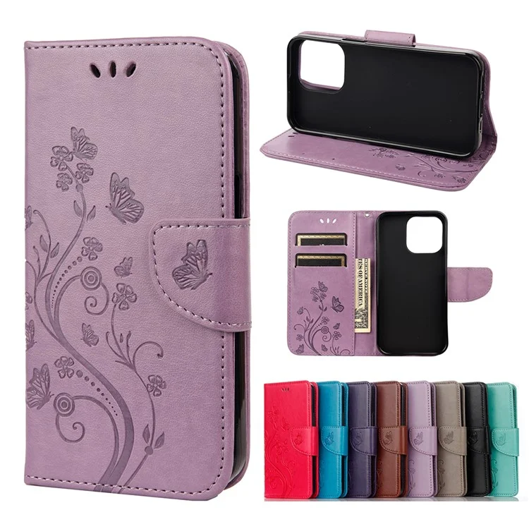 All-round protective Butterfly Flower Imprint Leather Wallet Phone Stand Case for iPhone 13 Pro 6.1 inch - Purple