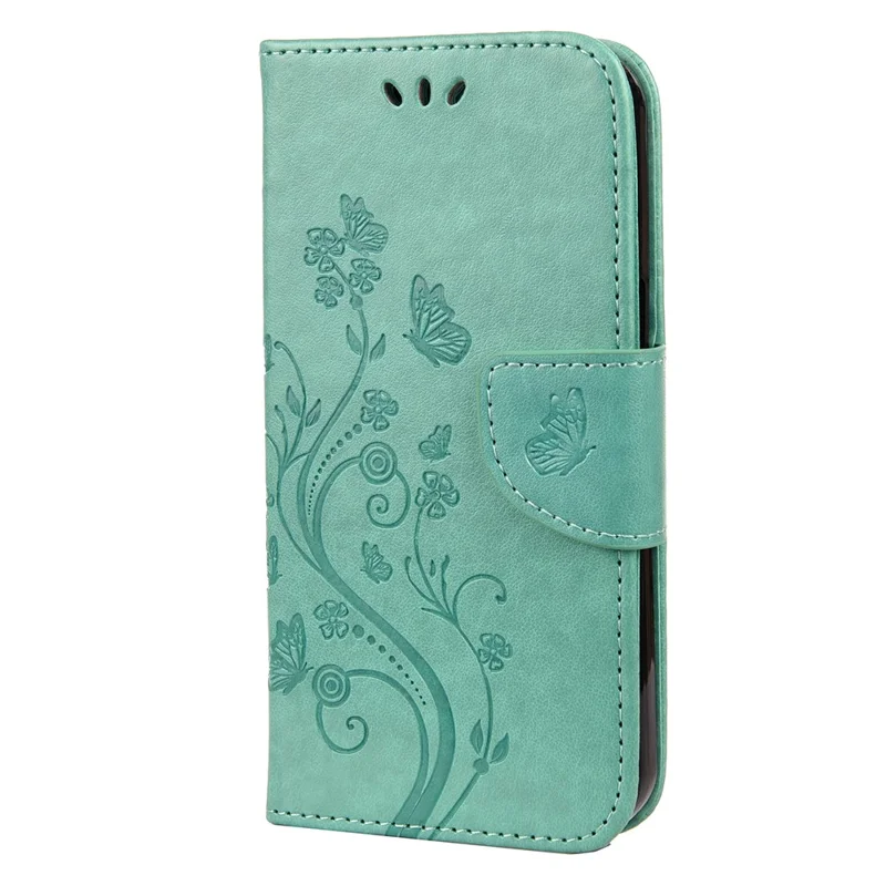 All-round protective Butterfly Flower Imprint Leather Wallet Phone Stand Case for iPhone 13 Pro 6.1 inch - Green