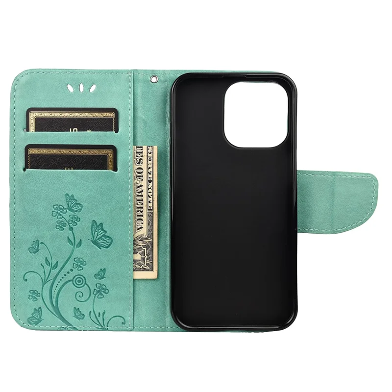 All-round protective Butterfly Flower Imprint Leather Wallet Phone Stand Case for iPhone 13 Pro 6.1 inch - Green