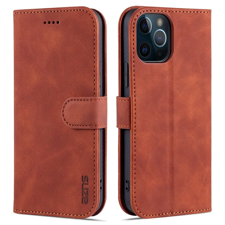 AZNS PU Leather All-round Protection Phone Cover Wallet Stand Case for iPhone 12 Pro Max 6.7 inch - Brown