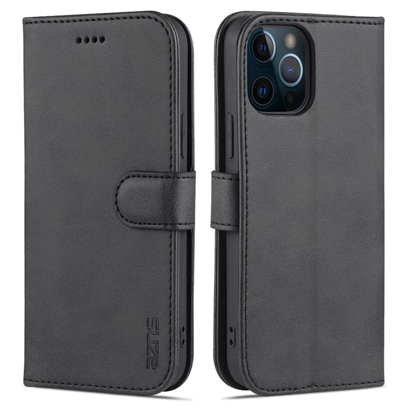 AZNS PU Leather All-round Protection Phone Cover Wallet Stand Case for iPhone 12 Pro Max 6.7 inch - Black