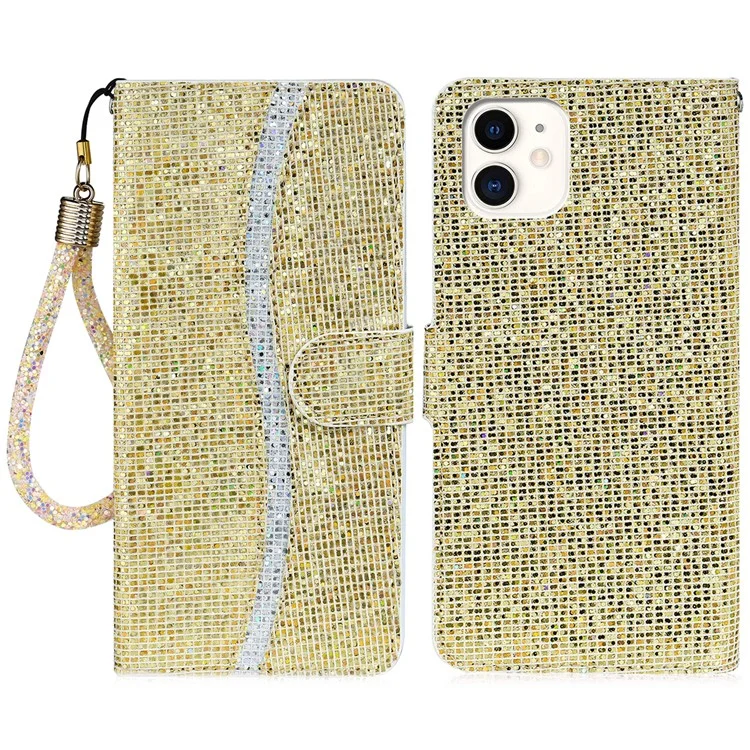 Riemendesign Glitzerpoeder leren Portemonnee Telefoonstandaard Beschermhoes voor iPhone 13 6.1 inch - Goud