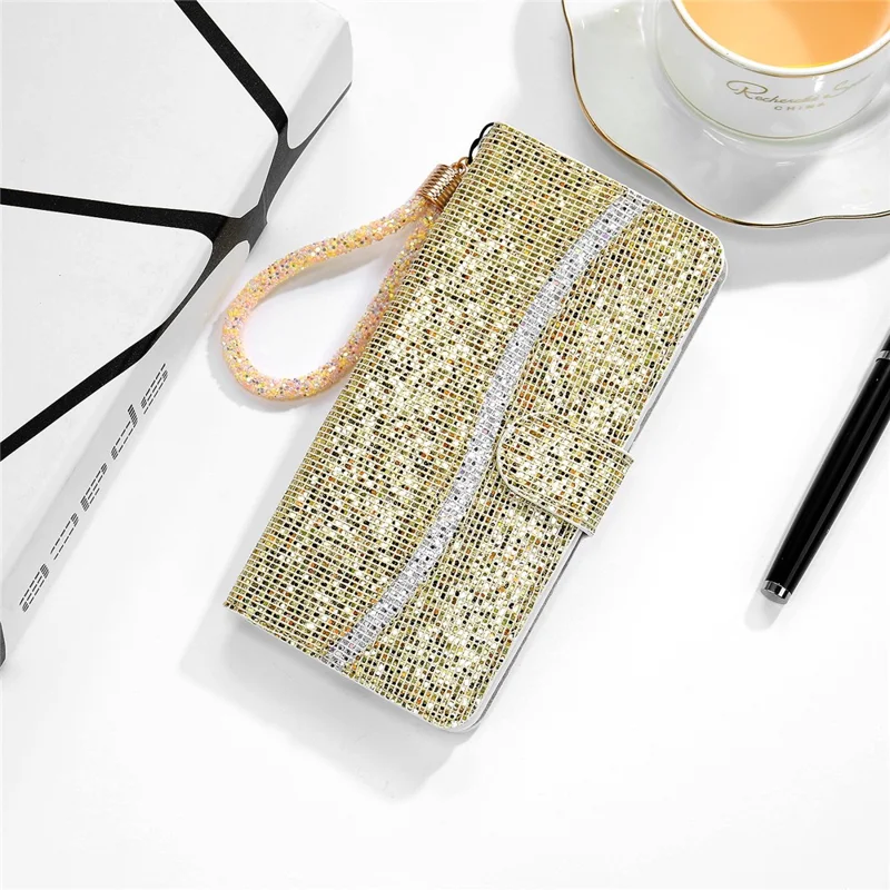 Riemendesign Glitzerpoeder leren Portemonnee Telefoonstandaard Beschermhoes voor iPhone 13 6.1 inch - Goud
