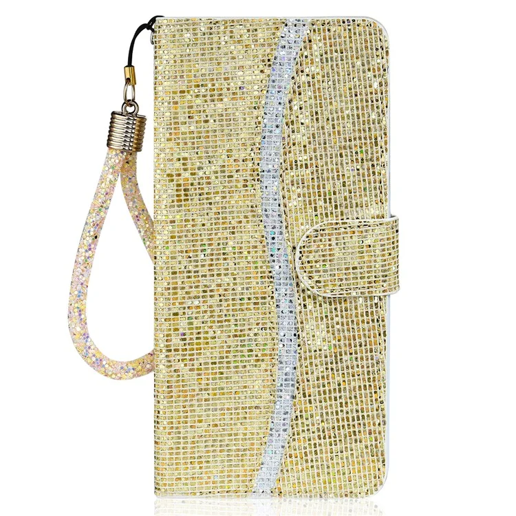 Riemendesign Glitzerpoeder leren Portemonnee Telefoonstandaard Beschermhoes voor iPhone 13 6.1 inch - Goud