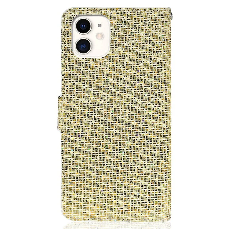 Riemendesign Glitzerpoeder leren Portemonnee Telefoonstandaard Beschermhoes voor iPhone 13 6.1 inch - Goud