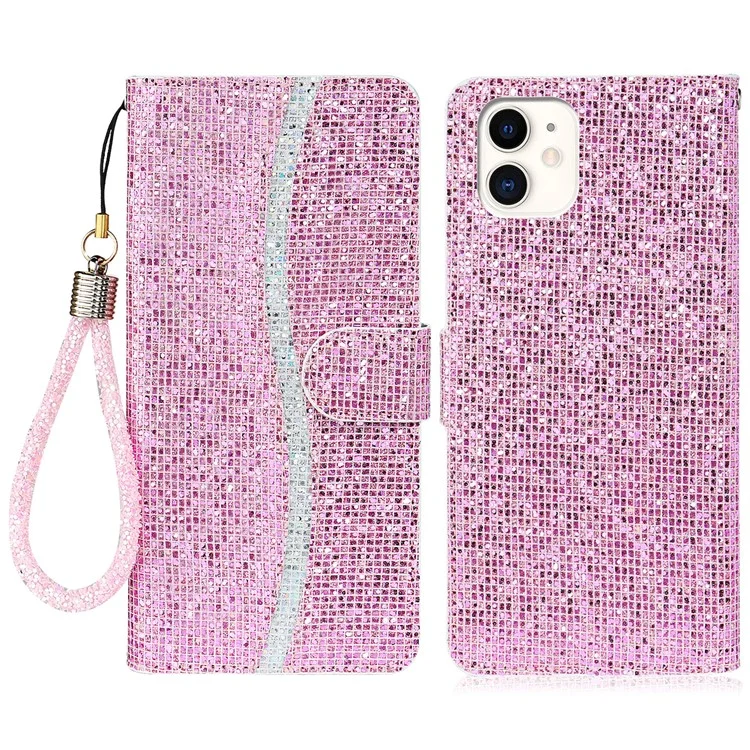 Glittery Powder Leather Wallet Phone Stand Case with Strap for iPhone 13 mini 5.4 inch - Pink