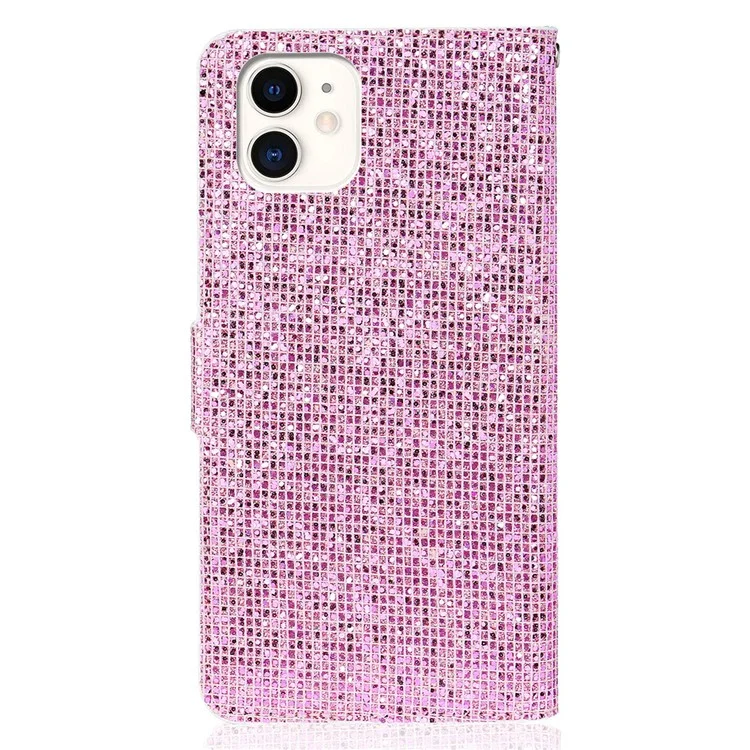 Glittery Powder Leather Wallet Phone Stand Case with Strap for iPhone 13 mini 5.4 inch - Pink
