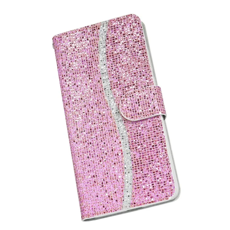 Glittery Powder Leather Wallet Phone Stand Case with Strap for iPhone 13 mini 5.4 inch - Pink