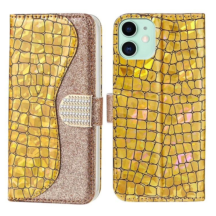 Glittery Powder Crocodile Texture Case Splicing Leather Wallet Protective Shell for iPhone 13 6.1 inch - Yellow